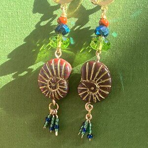 Ammonite Shell Fossil Long Dangle Earrings | Czech Glass Beaded Earrings